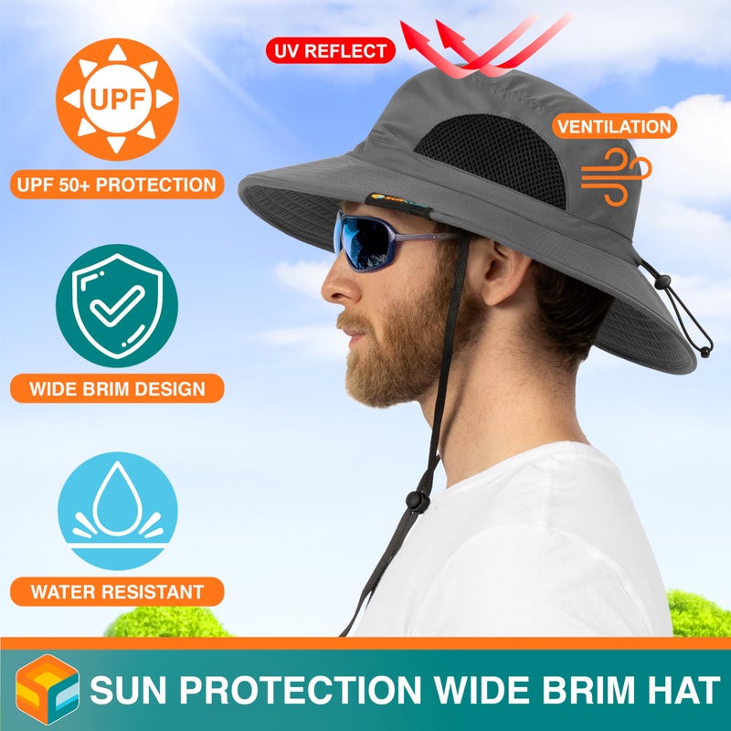 Suncube SUN CUBE Wide Brim Sun Hat Men Women, Mens Fishing Hats Sun UV Protection, Womens Hiking Bucket Hat, Outdoor Summer Safari Beach Boonie, Camping Unisex UPF 50+ Gray - Image 4